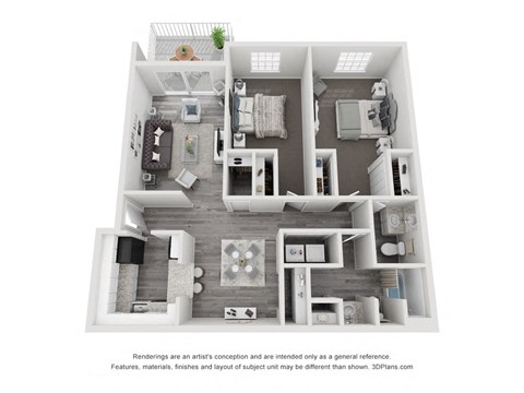 a stylized floor plan with a bedroom and a living room